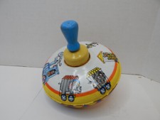 Ohio Art Spinning Top Toy, Litho Tin Circus Animal Train, Wooden Knob Vintage