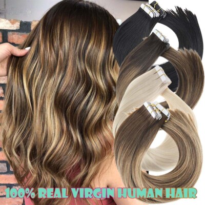 Tape In Remy Echthaar Extensions Skin Weft Haarverlängerung 100 Tressen Vollkopf