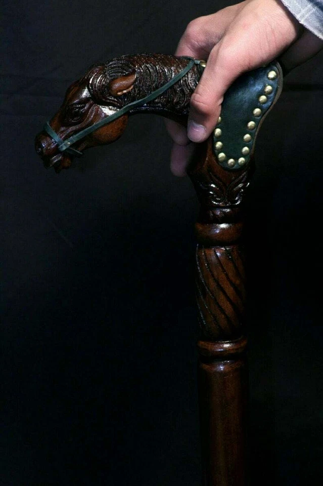 Bastón de madera arte a mano caballo con silla de montar madera y cuero trabajo  Foto 2 de 4
