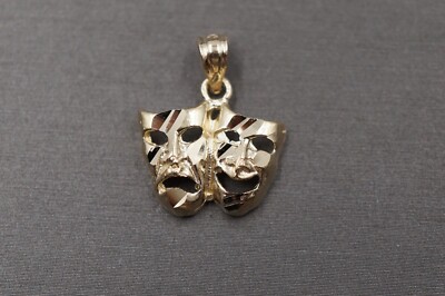 10K massives Gelbgold 0,7'' Diamantschliff zwei Gesichter glücklich traurig Maske Charm Anhänger.