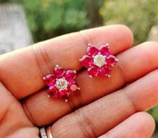 2Ct Round Cut Lab Created Ruby Women Flower Stud Earrings 14K White Gold Plated