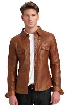 Men's Brown Distressed Leather Shirt 100% Pure Lambskin Made To Measure Shirt