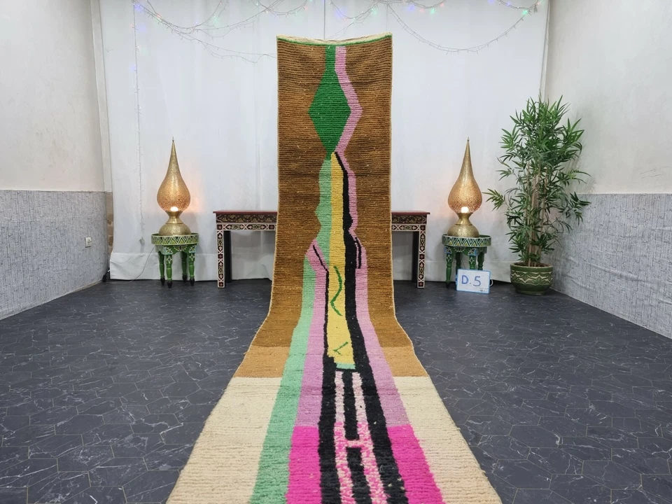 Alfombra Marroquí Boujaad Hecha a Mano 2'7"x13'4" Beréber Abstracto Marrón Amarillo Lana Alfombra Foto 2 de 4