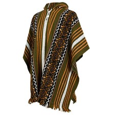 LLAMA WOOL MENS WOMANS UNISEX HOODED PONCHO PULLOVER STRIPED KHAKI CAMO GREEN