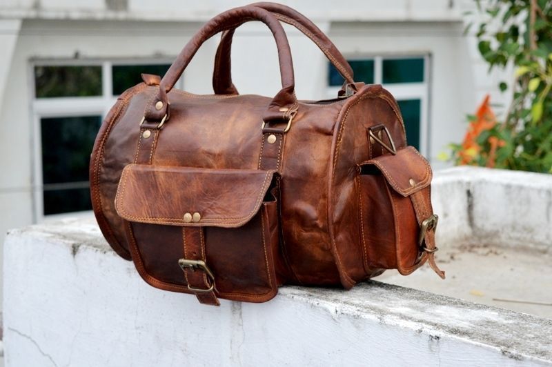 Men's Vintage Brown Leather Gym Duffle Bag Small Genuine Weekend Travel
