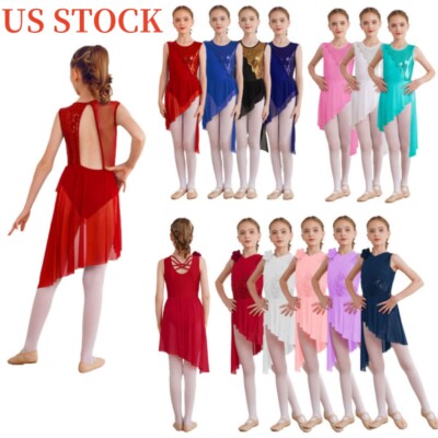 US Girls Ballerina Sequin Dance Leotard Lyrical Dress Asymmetric Skirt Dancewear