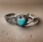 Rare Vintage 1970s Blue Turquoise Heart QT Sterling Silver Cuff Boho Bracelet
