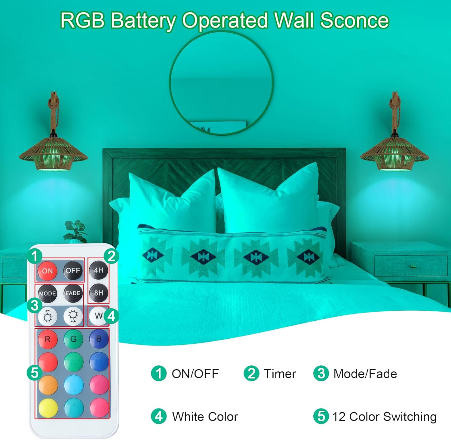 Battery Operated Large Wall Sconce,Wireless Rechargeable Woven Rattan Boho Sconc