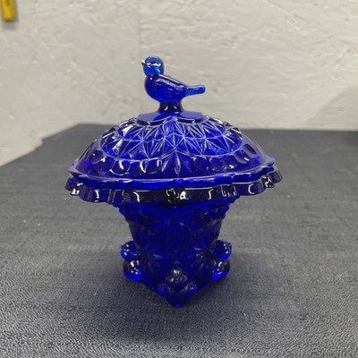 Hofbauer Byrdes Design Cobalt Blue Glass Pedestal Covered Trinket Dish