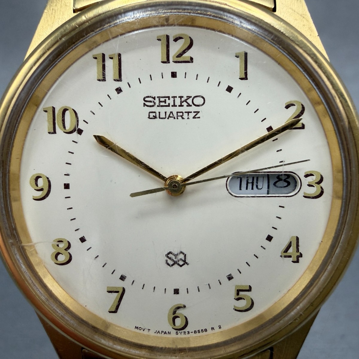 Seiko SQ Watch Men 35mm Cream Dial Gold Tone Daydate Round 5y23