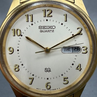 Seiko SQ Watch Men 35mm Cream Dial Gold Tone Daydate Round 5y23