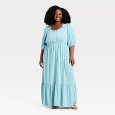 Women's Plus Elbow Sleeve Button-Front Lace Trim Maxi Dress - Ava Viv Blue 1X