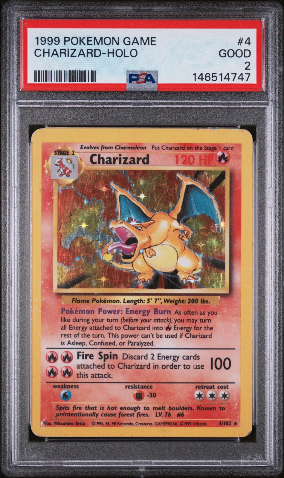 1999 Pokemon Base Set Unlimited #4 Charizard-Holo PSA 2