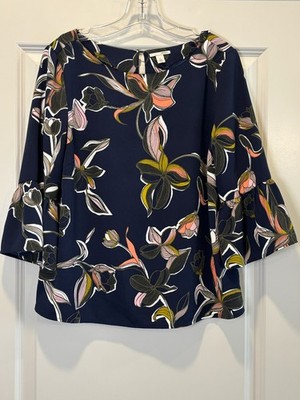Halogen Blouse Top Womens Medium Blue Floral Boat Neck Bell Sleeve Keyhole Back