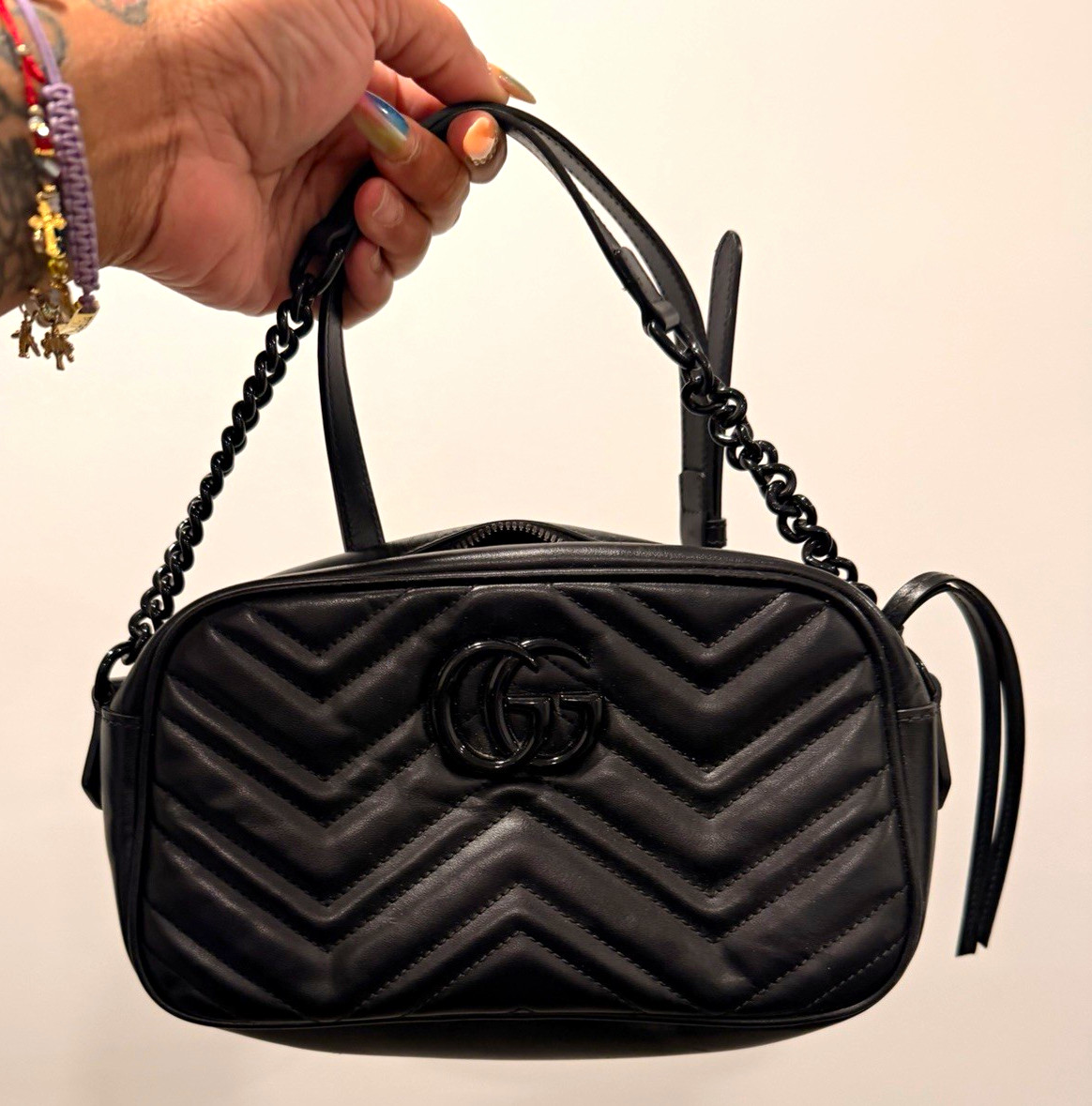 Gucci Black GG Chevron Quilted Small Crossbody Chain Zip Detachable Strap