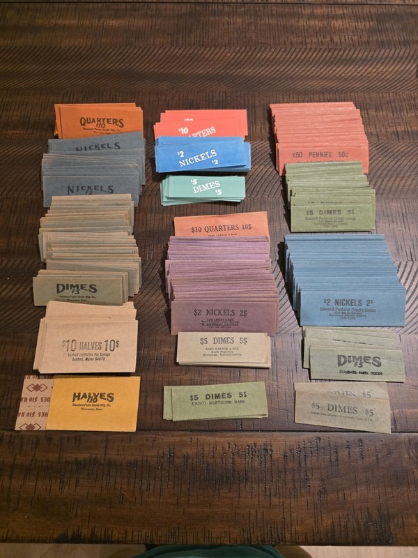 337 New Vintage Coin Roll Wrappers for Pennies Nickels, Quarters, & Dimes NOS