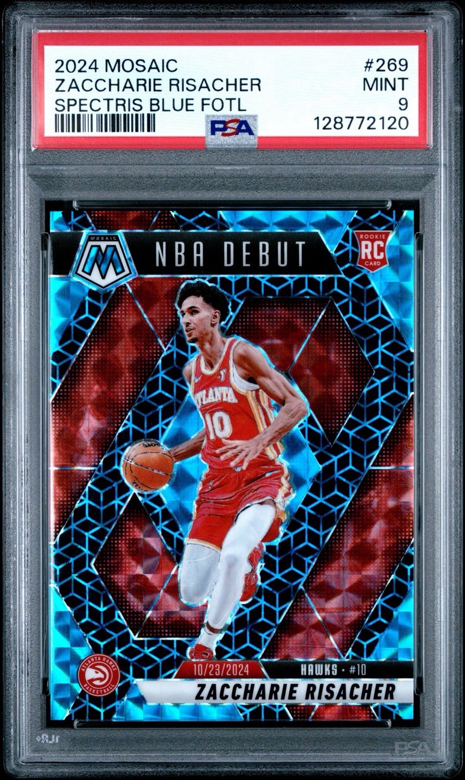 2024-25 Panini Mosaic Zaccharie Risacher Spectris Blue FOTL /25 #269 PSA 9 RC
