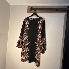 INC International Concepts Black Floral Dress 16 Shift Long Bell Sleeves Lined