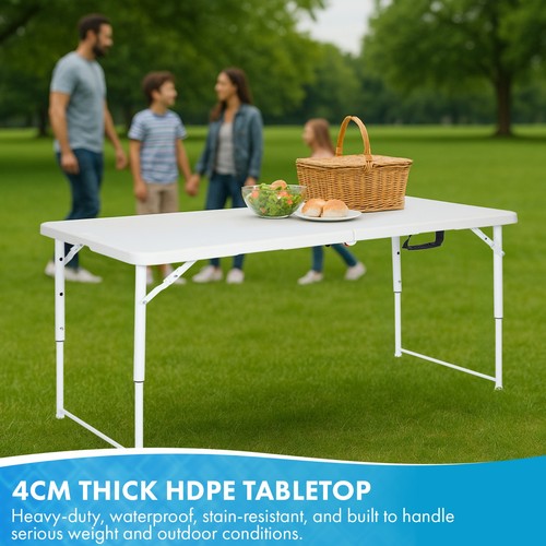 Folding Table 4ft & 6ft Heavy-Duty Waterproof, Adjustable Height Camping, Picnic - Picture 5 of 13