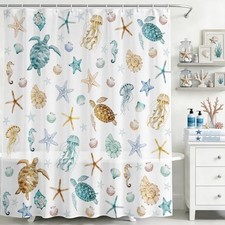 Nautical Coastal Shower Curtain Ocean Seashell Starfish Sea Turtle Bathroom