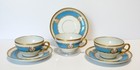 3 Antique French Limoges Turquoise Roses Tea Cups & Saucers Set