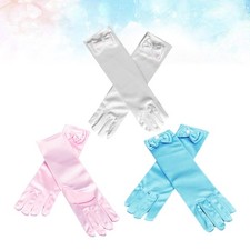 1 Set of 3 Pairs Girls Satin Dress Up Gloves Wedding Bow Party Gloves for Kids
