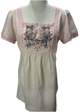 Vintage 60s Sears Pajama Set Embroidered Bodice Blush Pink Lace Women SZ Small
