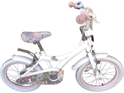 Stoffpuppe Kinderfahrrad weiß rosa 16 Zoll Räder Deko Aufkleber Klingel Kind