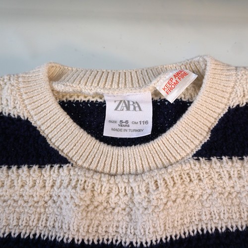 Zara Girls Sweater Cream Navy Blue Striped Knit Crew Neck Size 5-6 - Picture 2 of 5
