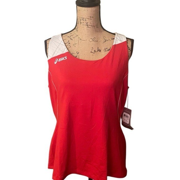 ASICS Red Tank Top with White Logo and Moisture-Wicking Fabric