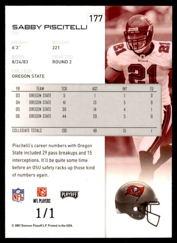 2007 Playoff NFL Playoffs Platinum Sabby Piscitelli RC 1/1 Buccaneers #177 - Picture 2 of 2
