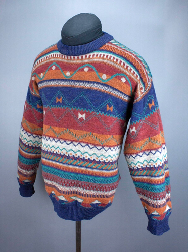 Vintage Cosby Style Sweater 80s 90s Hip Hop Multicolor Jumper Size L Wool Blend - Picture 2 of 12