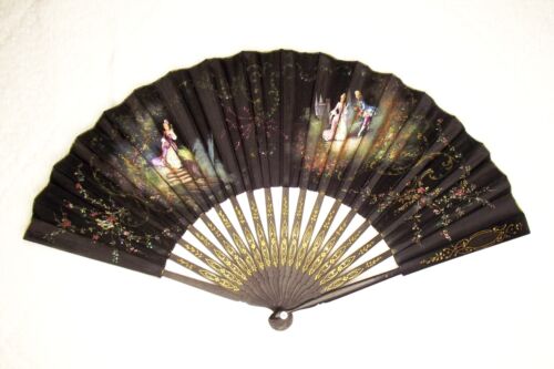 Antique Hand Fan Ebony Wood Hand Painted Silk eventail ancien