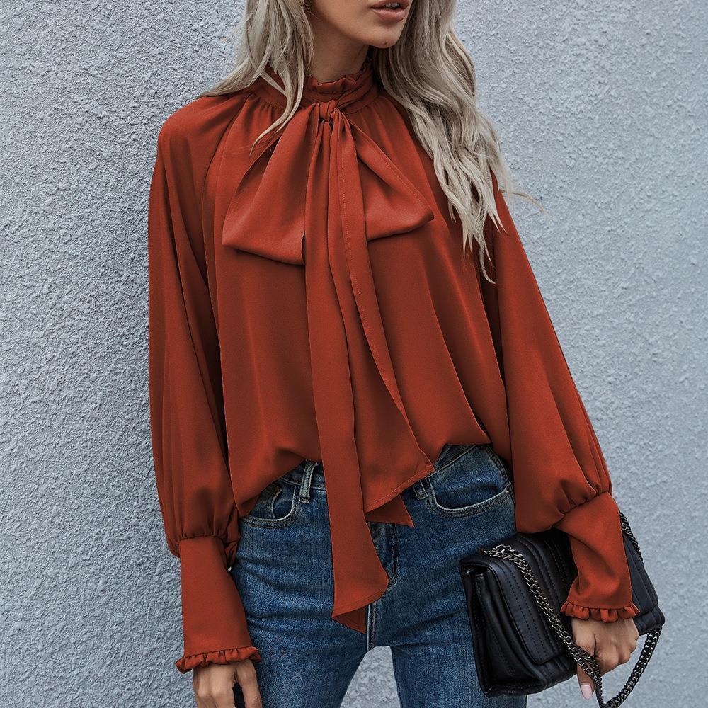 Womens Casual Loose Blouse Tops Elegant Necktie Long Sleeves Shirt Work Fashion