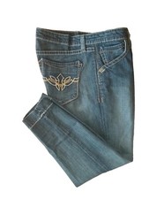 CACHE CROPPED JEANS BLUE DENIM EMBROIDERED POCKETS WOMEN'S SIZE 12 MID-RISE