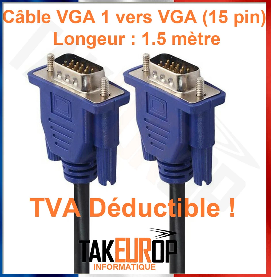 Câble VGA 1,5m Male / Male pour Ecran PC Moniteur TFT Vidéo Projecteur DB15