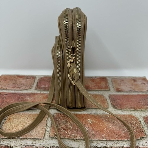 Women's Tan Crossbody Mini Cellphone Bag Purse Zipper Closure 3 Sections - Picture 3 of 7