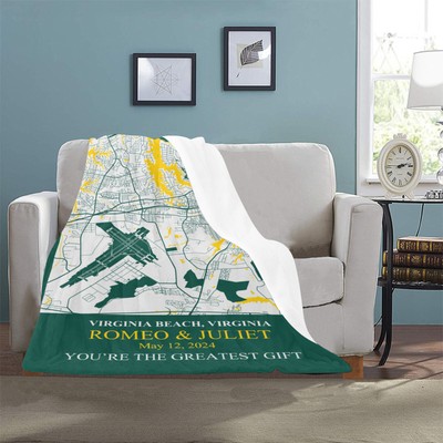 Custom Aqua Deep Mikado Yellow City Maps Blanket, Personalized Maps Blanket