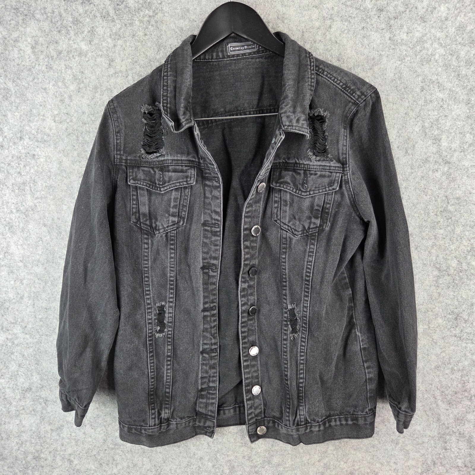 Country Denim Jacket Womens 12 Black Distressed Button Casual 11009-image