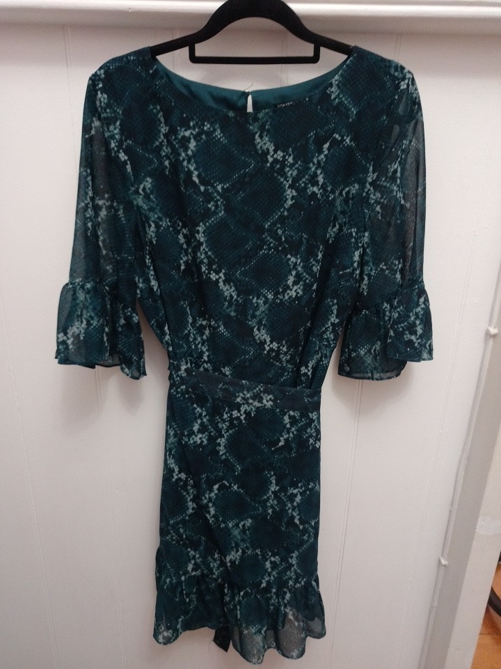 tokito 10 women's wrap dress featuring a dark green and blue snake print pattern