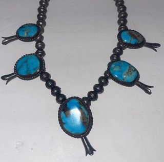 OLD Sterling Silver Bead 5 Stone TURQUOISE Squash Blossom NECKLACE Vintage Pawn