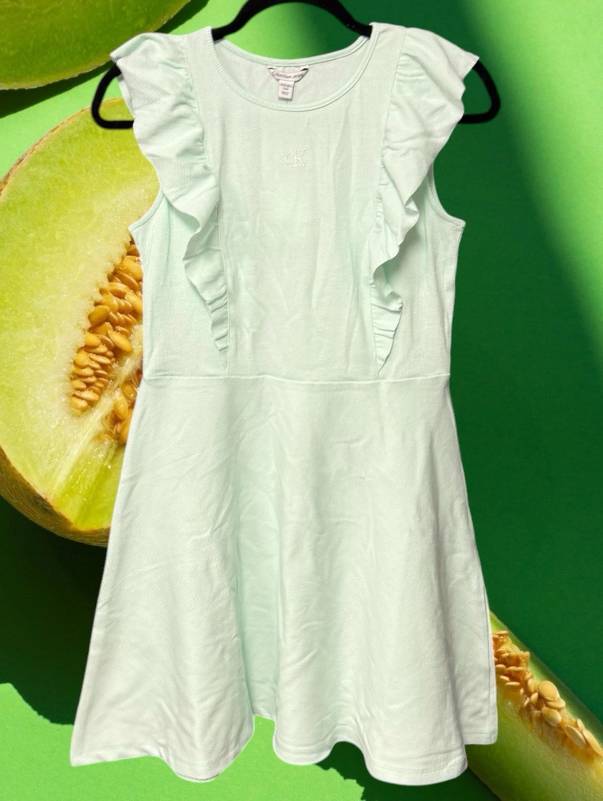 Calvin Klein girls size 16 dress solid honeydew melon green embroidered logo $43