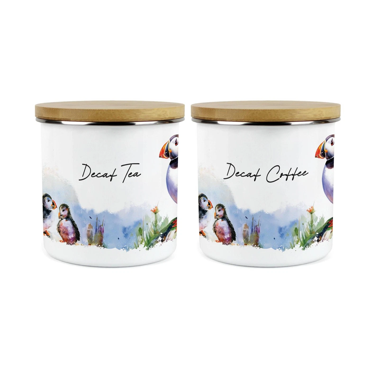 Puffins Decaf Tea & Decaf Coffee Storage Canisters - Coastal Birds Kitchen Set