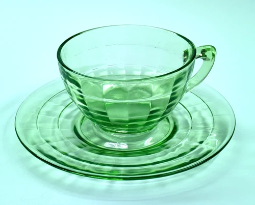 VTG Anchor Hocking Block Optic Green Uranium Depression Glass Cup & Saucer Set
