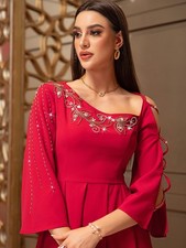 Formal Rhinestone Embroidery Maxi Gown Muslim Women Abaya Kaftan Long Dress Prom