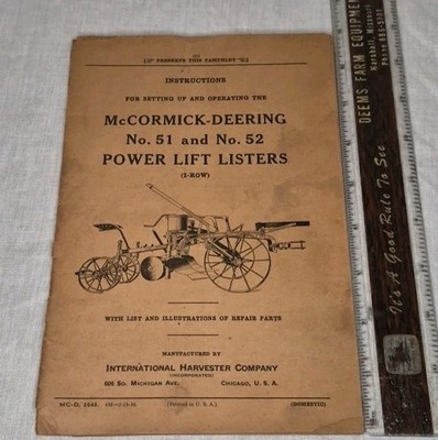 Antique McCormick Deering Power Lift Lister Manual 51 52 International Harvester