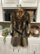 Muskrat Patchwork Real Fur Coat Women's M 35  Length Leather Trim Boho Mcm 60  s