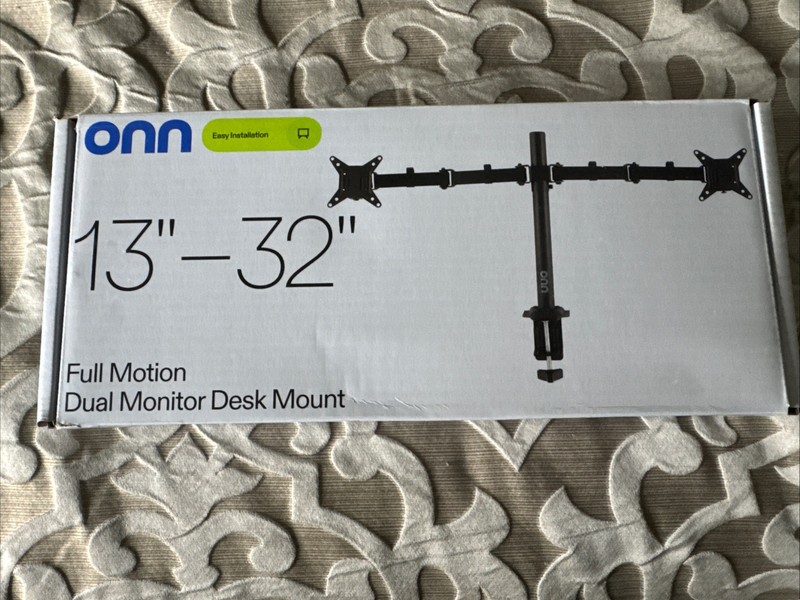 New In Box Walmart Onn Full Motion Dual Monitor Desk Mount 13”-32”