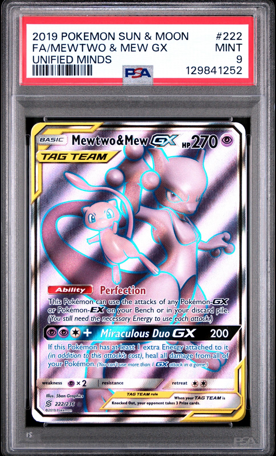 2019 POKEMON SUN & MOON UNIFIED MINDS #222 FULL ART/MEWTWO & MEW GX PSA 9
