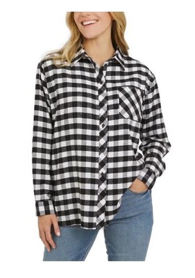 Lands' End Womens Shirt Black Multicolor Plaid Flannel Long Sleeves Relaxed Fit